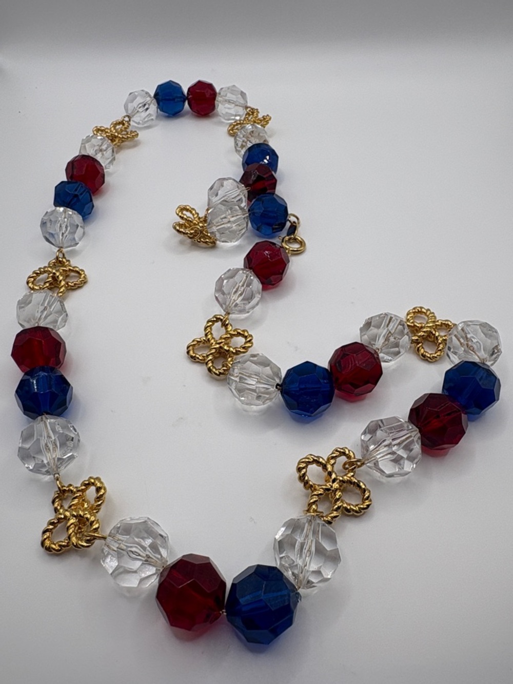 Vintage 80’s Trifari Red, Blue, Clear & Gold Twist & Faceted Bead Necklace 28”